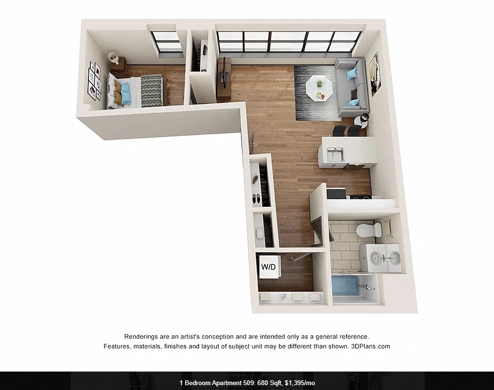Floor plan for 1 bed, 1 bath, 680 sqft